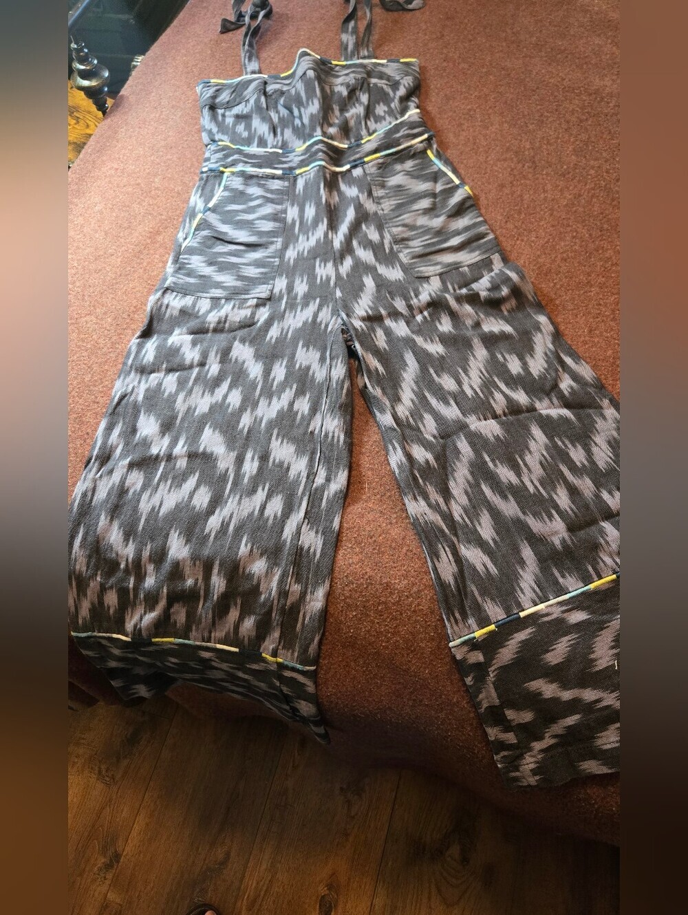 Anthropologie ett:twa Ikat Wide-Leg Jumpsuit In Blue/gray Tie Straps Size 4